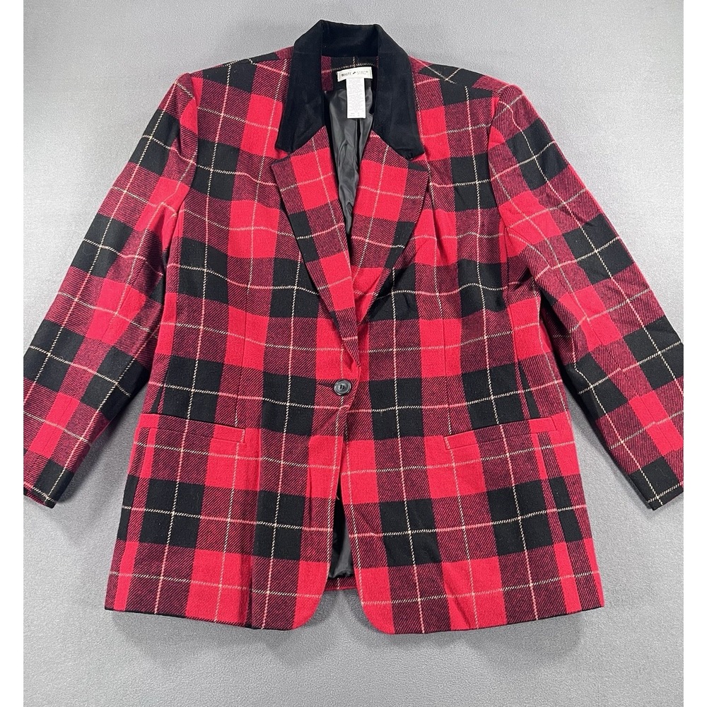 VTG 90s White Stag 16 Wool Blend Red & Black Plaid Blazer Jacket Preppy Tailored